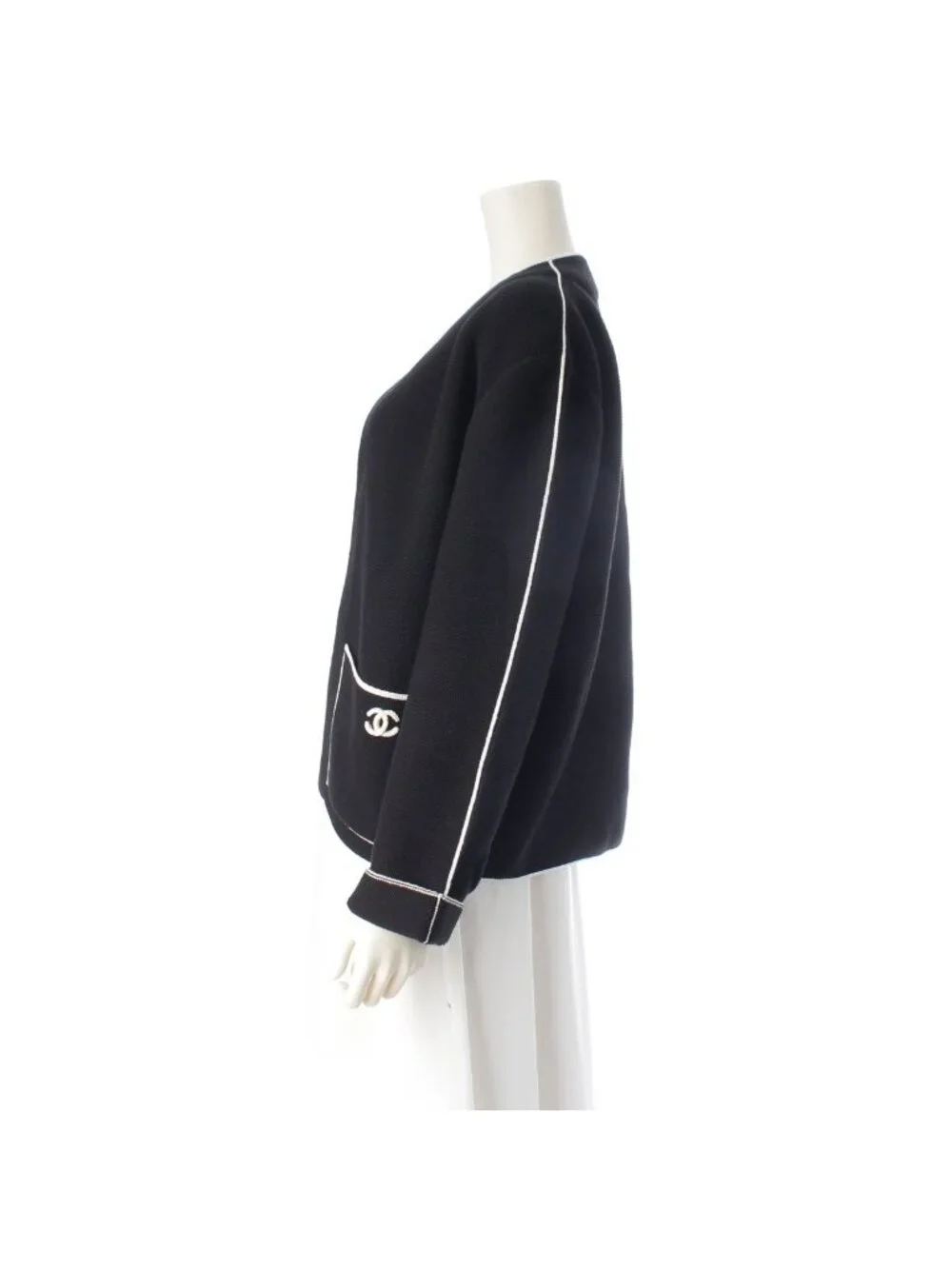 Chanel CC Logo Knit Collarless Jacket Black White 38